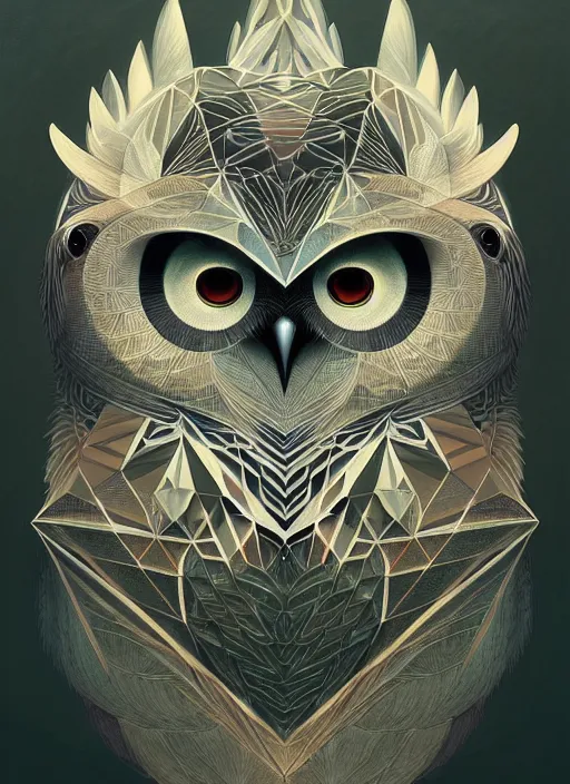 Image similar to portrait of a geometric owl, identical eyes, medium shot, illustration, full body made of white feathers, symmetrical, art stand, super detailed, cinematic lighting, and its detailed and intricate, gorgeous, by peter mohrbacher