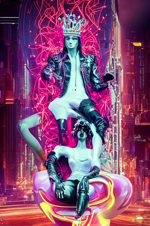 Image similar to full-body rococo and cyberpunk style neon statue of a muscular attractive Sean Mendez sim roupa macho dotado e rico android sim roupa reclining con las piernas abiertas e la piroca dura e afuera, glowing white laser eyes, prince crown of red gears, diamonds, swirling black-colored silk fabric. futuristic elements. full-length view. space robots. alien skulls. intricate artwork by caravaggio. Trending on artstation, octane render, cinematic lighting from the right, hyper realism, octane render, 8k, depth of field, 3D