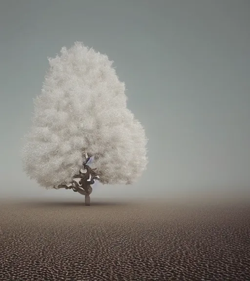 Image similar to surreal white tree made of snakes, futuristic in the desert, foggy sky, dark night, octane render, unreal engine, pale colors, high detail, 8 k, wide angle, trending on artstation, behance