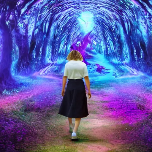 Prompt: a photo of beautiful girl walking through the astral plane mushroom forest using the gem of souls and life 4 k