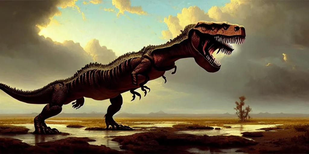 Image similar to a singe t - rex is crossing american plains with a small riverbed, mountaineous background, cloudy day, highly detailed, digital art, by greg rutkowski, by albert bierstadt