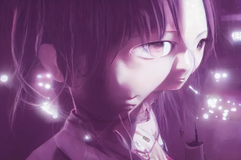 Prompt: serial experiments lain, teen girl, wired landscape, cyberpunk, volumetric lighting, photo realistic, digital art, anime background, violet colour palette, very detailed faces, art by range murata and yasuyuki ueda