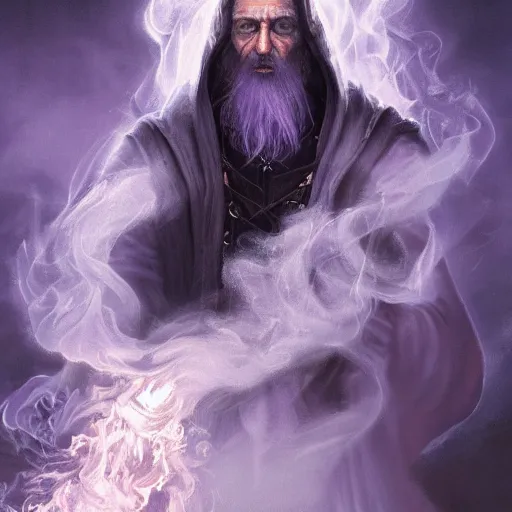 Image similar to a beautiful ultradetailed portrait of a wizard with a body made of smoke! beautiful large purple staff in his hand, with a single large grey smoke cloud by his side, by greg rutkowski, karol bak and peter mohrbacher, volumetric lighting, magical realism, dark, wizard, smoke