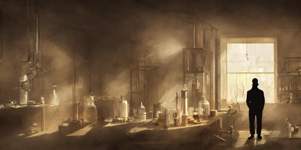 Prompt: a silhouette of a bald man working in an old alchemy laboratory, facing away, dim lighting, light rays coming through the window, dust particles, photorealistic painting, beautiful elaborate interior, vintage laboratory style, digital painting, high resolution, cinematic scene lighting, matte painting