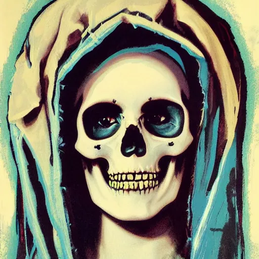 Image similar to painting of the virgin mary skull face by greg rutkowski and andy warhol and jc leyendecker