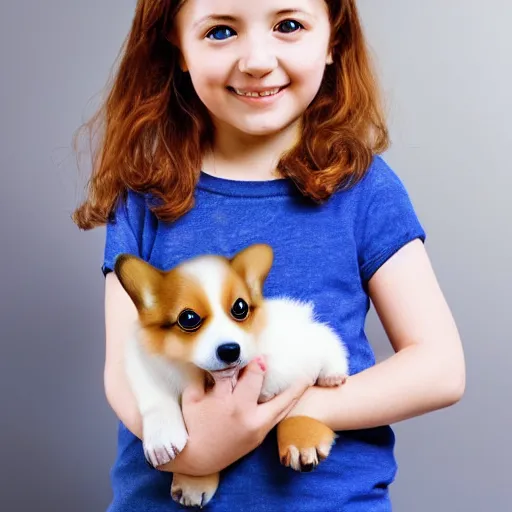 Image similar to “little girl holding a corgi puppy photorealistic hd”