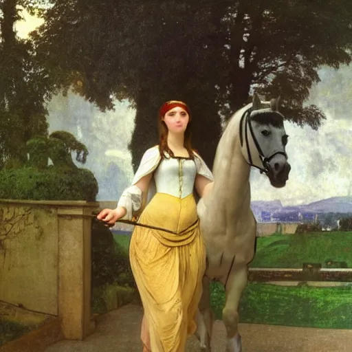 Image similar to Girl riding a horse leaving the castle through the bridge, thunderstorm, french garden on the background major arcana sky, by paul delaroche, alphonse mucha and arnold böcklin arnold böcklin hyperrealistic 8k, very detailed