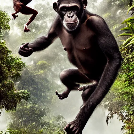 Image similar to Angry Chimpanzee Jumping, Epic Jump, Cinematic Photo, Cinematic Shot, Jungle, Foliage Boris Vallejo, Epic, 8k resolution, ArtStation, Hyperrealistic