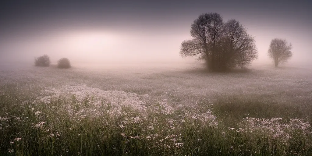 Prompt: early morning fog on a river surrounded by wildflower meadow by justin minns, infrared photography, beautiful morning light