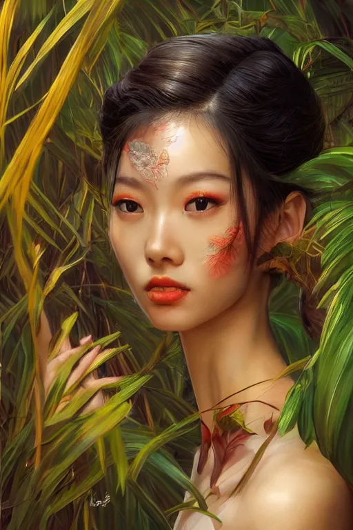 Image similar to stunningly beautiful, geisha prima ballerina in jungle, symmetrical face, golden hour, smooth, focus, highly detailed, hyper realistic, dramatic lighting, elegant, intricate, concept art, art by wlop, mars ravelo, greg rutowski, artstation