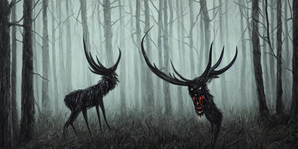 Image similar to wendigo in the woods painting dark creepy