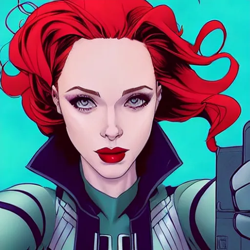 Image similar to Rafeal Albuquerque comic art, Joshua Middleton comic art, pretty female Madelaine Petsch Rogue x-men marvel taking a selfie, big smirk, symmetrical face, symmetrical eyes, long red hair white streak hair, full body, flying in the air:: battlefield background::5 sunny weather::