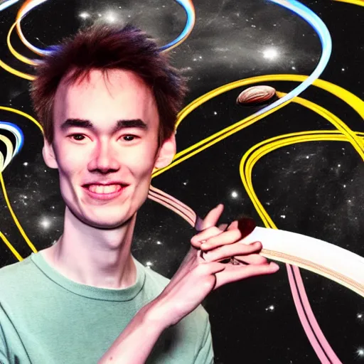 Image similar to jacob collier on space touching saturn rings in space darkness