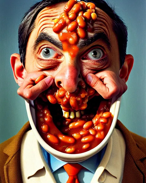 Image similar to portrait of mr bean's face in a bowl full of baked beans, face covered in beans and tomato sauce, baked beans covering his eyes, a pile of baked beans on his head, his mouth wide open and full of baked beans, overflowing with baked beans, muted colors, surrealist oil painting, highly detailed