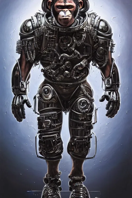 Image similar to a portrait of a muscular anthropomorphic cyberpunk chimp in spacesuit armor with ensignia on chest plate by sandra chevrier, by jon foster, detailed render, post - processing, extremely hyperdetailed, intricate, epic composition, cybernetics, 4 k realistic, cryengine, realistic shaded lighting, sharp focus, masterpiece, by enki bilal
