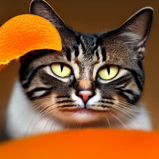 Prompt: photorealistic photograph of a cat wearing an orange peel as a hat by suzi eszterhas, fruit helmet, photorealism, photorealistic, realism, real, highly detailed, ultra detailed, detailed, f / 2. 8 l canon ef is lens, canon eos - 1 d mark ii, wildlife photographer of the year, pulitzer prize for photography, 8 k