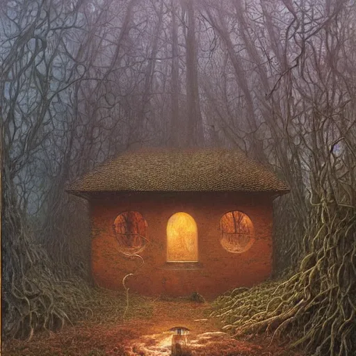 Prompt: small cottage in the forest by zdzisław beksinski, marco mazzoni, peter gric, oil on canvas, highly detailed, whimsical, fantasy