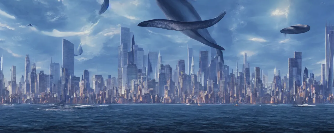 Image similar to huge blue whales sailing over the skyline over new york city, 8 k uhd, unreal engine, octane render in the artstyle of finnian macmanus, john park and greg rutkowski