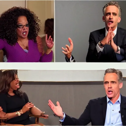 Image similar to Jordan Peterson screaming at Oprah who has hands in the air