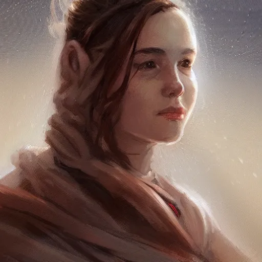 Prompt: portrait of an woman by Greg Rutkowski, she is about 20 years old, pretty, long brown wavy hair, scar near her mouth that makes her look like she's smiling all the time, wearing jedi robes, Star Wars Expanded Universe, highly detailed portrait, digital painting, artstation, concept art, smooth, sharp foccus ilustration, Artstation HQ
