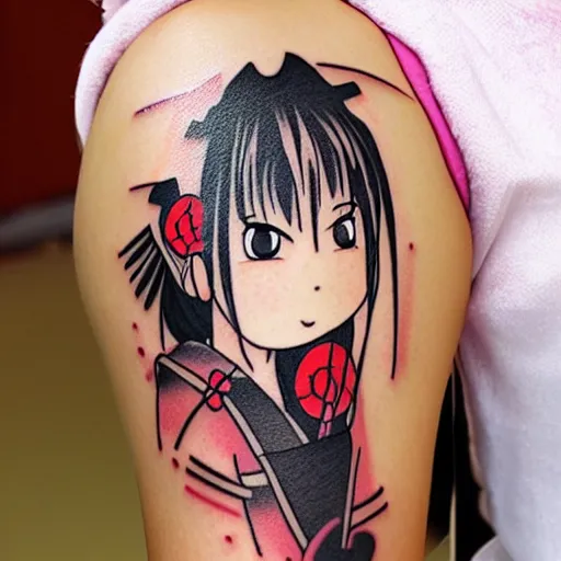 Image similar to japanese female samurai anime ninja schoolgirl, chibi, tattoo on upper arm