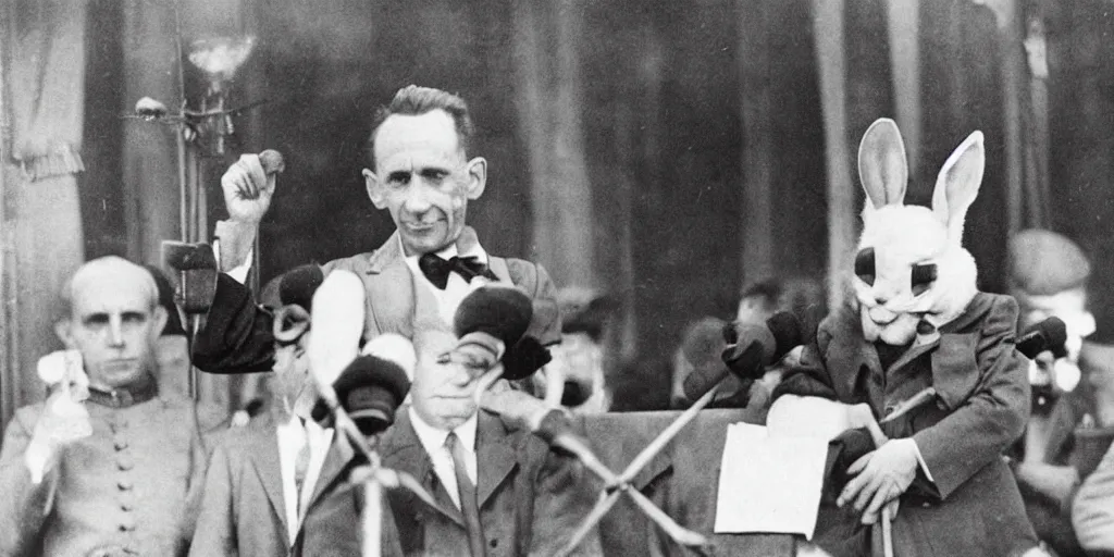 Image similar to Cute Bunny as Joseph Goebbels giving Total War speech