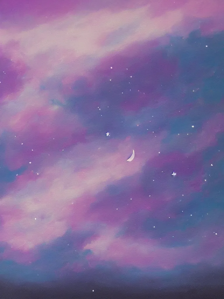 Image similar to painting of night sky. A crescent moon and many stars are in a dark cloud free layer of sky at the top half of the painting. Beneath this is a deep layer of pink and purple ombre puffy fluffy puffy clouds close to the horizon at the bottom half of the painting. Artstation. Deviantart.