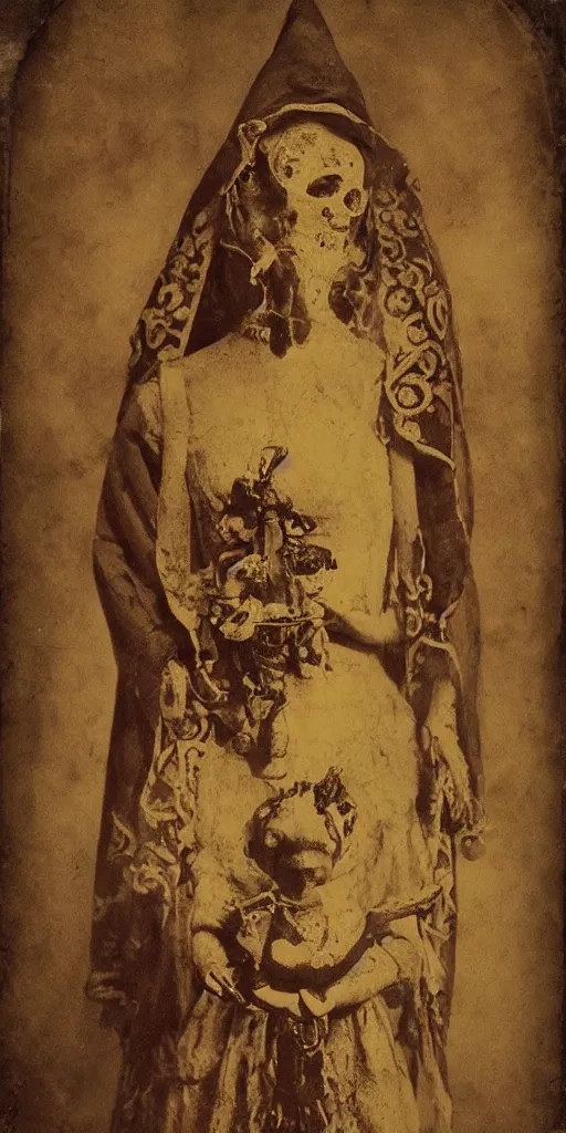 Image similar to tintype full body view, virgin mary in dia de muertos dress and make up, horrific beautiful vibe, evocative, atmospheric lighting, painted, intricate, highly detailed,