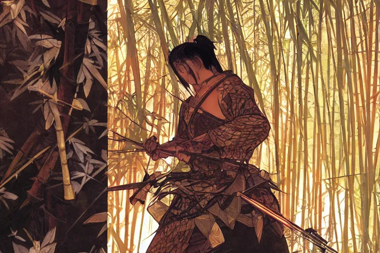 Image similar to close up of a wounded samurai in full armor being tendered by a kunoishi, in a mysterious and bamboo forest, golden hour, by fiona staples, range murata, alphonse mucha