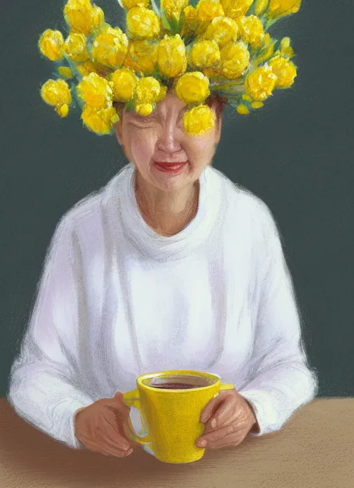 Prompt: middle - aged woman sitting in a table with a hot cup of tea, small wide smile, mandel eyes, forehead, small plump lips, oval face, wrinkled big cheeks calming white background of a kitchen with yellow flowers, pastel colours, thin blurry lines, digital painting, artstation, matte, sharp focus, illustration, realistic oil painting