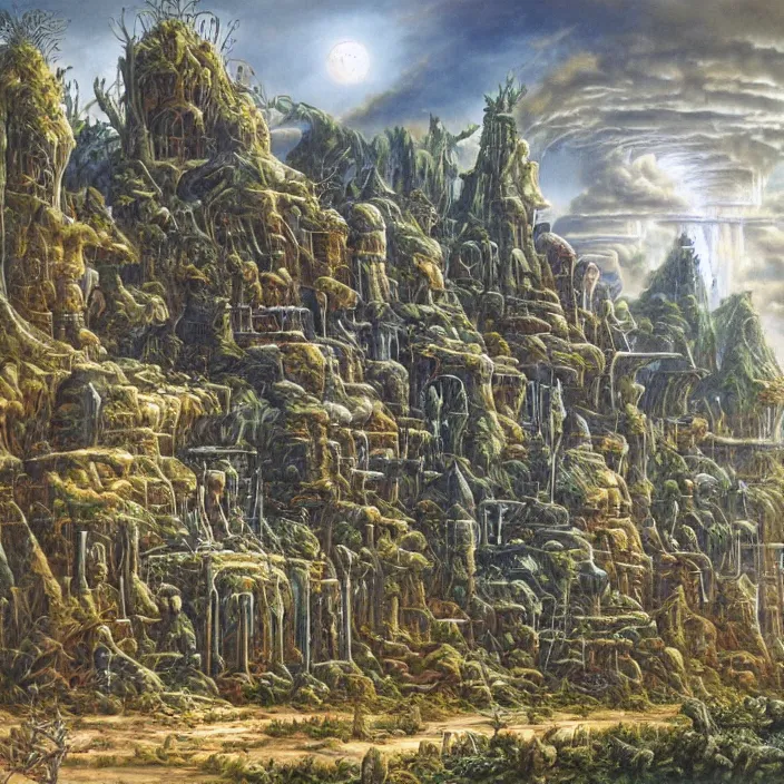 Image similar to a building in a landscape, by rodney matthews