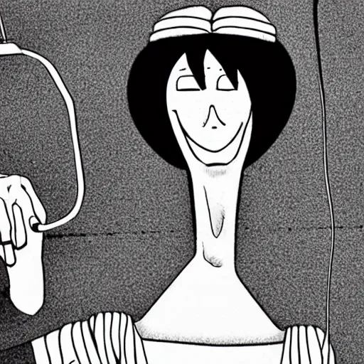 Prompt: person as a marionette being controlled by strings held by depression despair and hatred, illustrated by junji ito