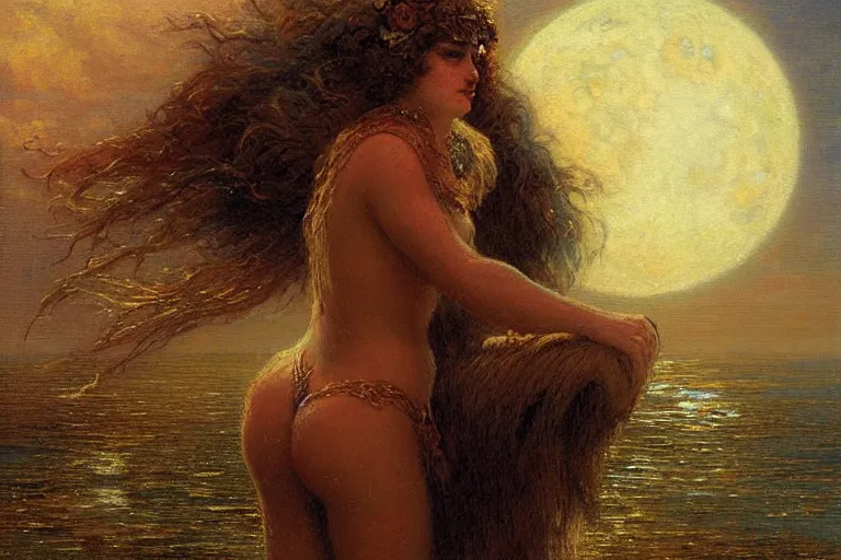 Prompt: portrait of a humanoid personification of the moon, god of the tides. art by gaston bussiere.