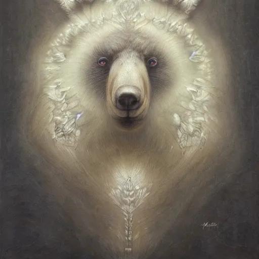 Prompt: bear rabbit hybrid character portrait by jean delville, tom bagshaw, brooke shaden, gustave dore and marco mazzoni, studio ghibli style, porcelain, histological, artificial intelligence, ebony, ivory, geologycal strata, organic, detailed fur, intricate details