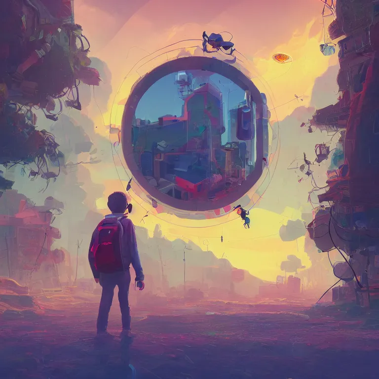 Prompt: A man wearing a backpack, looking through a portal, a vibrant world through the portal, Detailed digital matte painting in the style of simon stalenhag, artstation, psychedelic