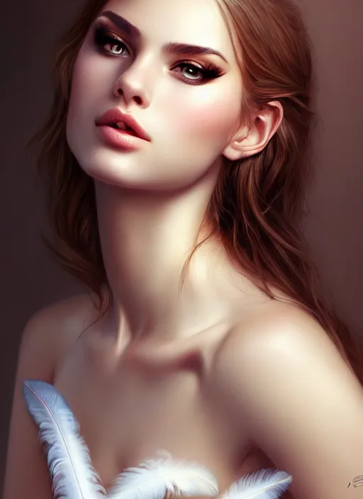 Image similar to a gorgeous female photo, professionally retouched, soft lighting, wearing a feather dress, realistic, smooth face, perfect eyes, wide angle, sharp focus on eyes, 8 k high definition, insanely detailed, intricate, elegant, art by artgerm and wlop