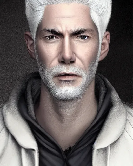 Image similar to portrait of 4 0 - year - old man with white hair with a pale complexion, pointed face and grey eyes, clear smooth face, no beard, wearing all black clothes, haughty facial expression, hyper realistic face, beautiful eyes, character art, art by mark brooks, hyperdetailed, cryengine, trending on artstation, digital art