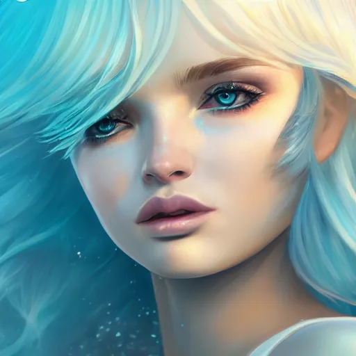 Prompt: A mesmerizing ethereal oceanic portrait of Kim Petras, splash art, natural light, sunlit, hyperdetailed, artstation, cgsociety, deviantart 8k