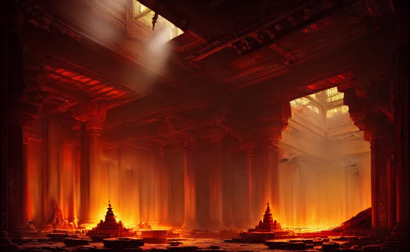 Prompt: The interior of an mytical and ancient temple dragons, in ruins, fire light, a ray of light, intricate, elegant, volumetric lighting, digital painting, highly detailed, artstation, sharp focus, illustration, concept art, ruan jia, steve mccurry