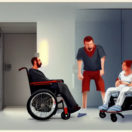 Prompt: a male patient in a wheelchair in the hospital with his wife and son standing by. happy, cheerful, smiling, intricate, sharp focus, artstation, cinematic lighting, 8 k, art by greg rutkowski