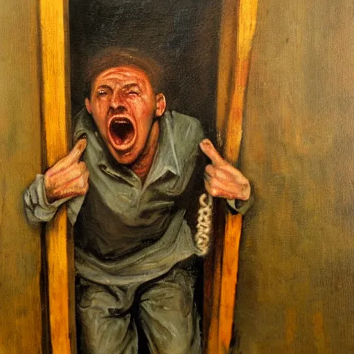 Image similar to a screaming prisoner holding prison bars, realism old oil painting