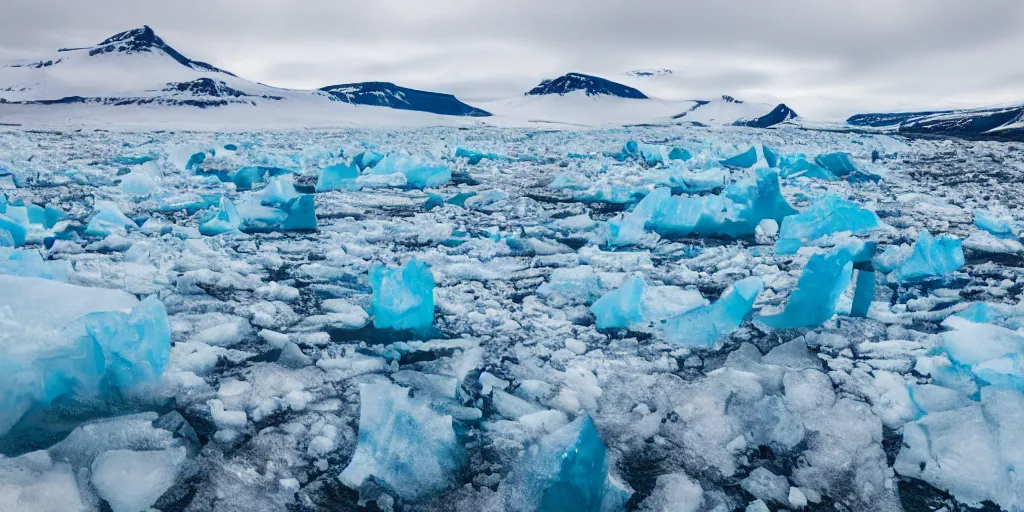 Image similar to polaroid photo of glaciers in iceland, surrounded by snow and ice, bright blue sky