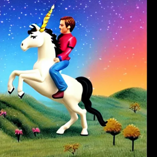 Image similar to wesley crusher riding a unicorn into battle