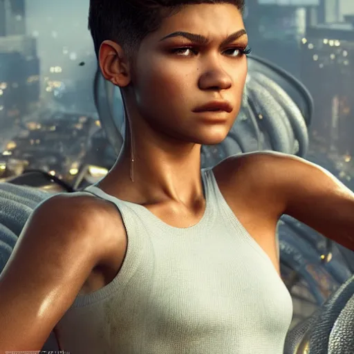 Image similar to hyperrealistic mixed media high resolution image of zendaya, sweating, stunning 3 d render inspired art by jamie salmon and istvan sandorfi and unreal engine and greg rutkowski, dim volumetric lighting, 8 k octane beautifully detailed render, post - processing, extremely hyper - detailed, intricate, highly detailed attributes, cinematic lighting