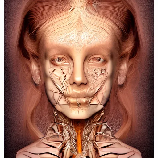 Image similar to beatifull face portrait of a woman, 150 mm, anatomical, flesh, flowers, mandelbrot fractal, facial muscles, veins, arteries, intricate, golden ratio, full frame, microscopic, elegant, highly detailed, ornate, ornament, sculpture, elegant , luxury, beautifully lit, ray trace, unreal, 3d, PBR, in the style of peter Gric , alex grey and Romero Ressendi