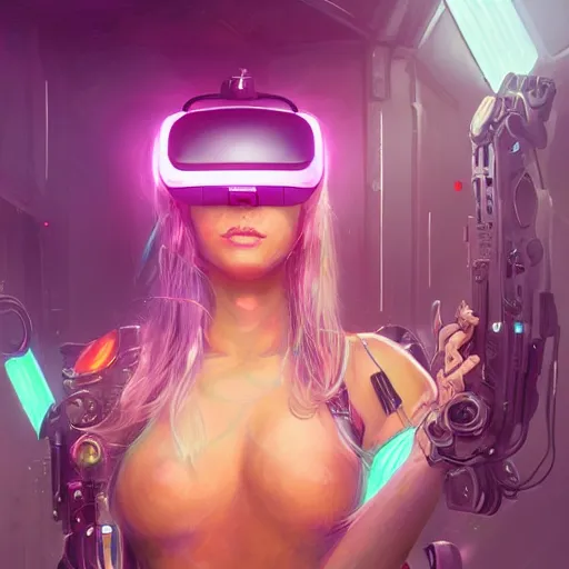 Image similar to portrait of a beautiful cybernetic raver girl wearing a oculus rift headset in a dirty japanese apartment, cyberpunk concept art by pete mohrbacher and artgerm and wlop and greg rutkowski, digital art, highly detailed, intricate, sci-fi, neon colors, sharp focus, Trending on Artstation HQ, deviantart, unreal engine 5, 4K UHD image