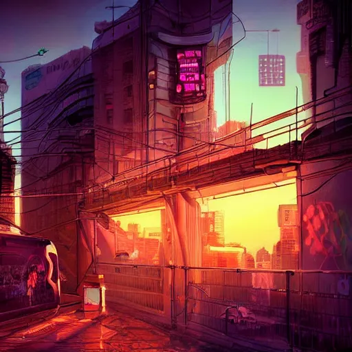 Image similar to beautiful graffiti on a wall, cyberpunk, happy mood, futuristic, high detail, sunset, realistic