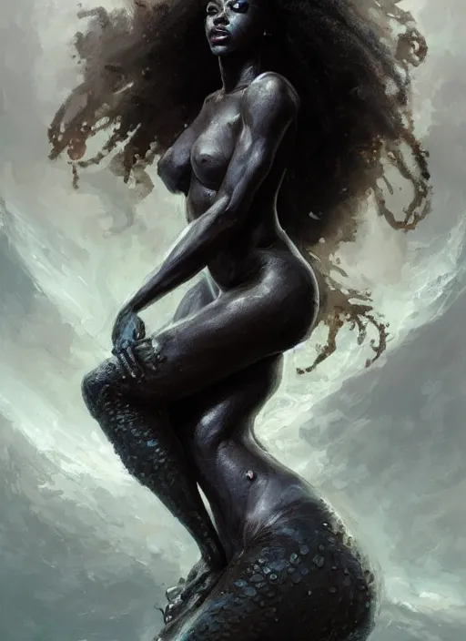 Prompt: Portrait of black mermaid, marvel comics, dark, intricate, highly detailed, smooth, artstation, digital illustration by Ruan Jia and Mandy Jurgens and Artgerm and Wayne Barlowe and Greg Rutkowski and Frank Frazetta