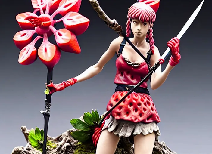 Image similar to a dramatic femo figurine of a cute funny spear wielding strawberry fairy survivalist with bandages wearing a dirty floral torn strawberry dress featured on the walking dead by kentaro miura and gamesworkshop, carrying survival gear, wearing strawberry backpack, using a modelling knife as a spear, dark foreboding atmosphere, 🎀 🗡 🍓 🧚