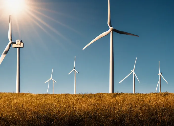 Prompt: a 2 8 mm macro photo of wind turbines on grassy rolling hills, splash art, movie still, bokeh, canon 5 0 mm, cinematic lighting, dramatic, film, photography, golden hour, depth of field, award - winning, anamorphic lens flare, 8 k, hyper detailed, 3 5 mm film grain, hazy